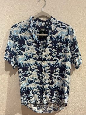 Super Massive Brand Navy and Blue Wave Print Hawaiian Button-Down Shirt